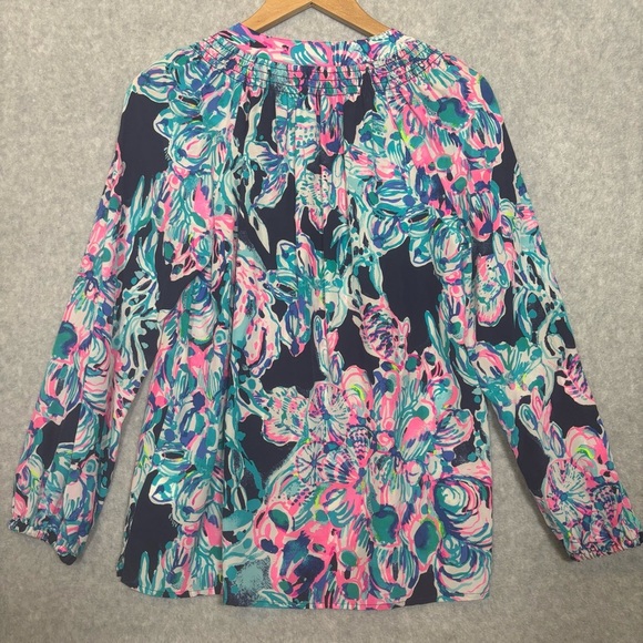 Lilly Pulitzer Elsa Abstract Floral Print Silk Blouse-Pink/Blue-Women Small - Picture 5 of 6